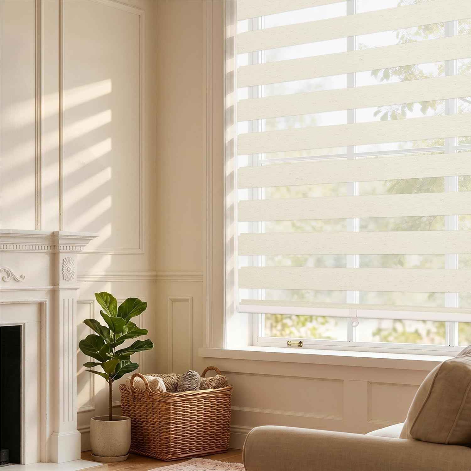 HESTIA Cordless Light Filtering Zebra Shades for Windows, Day Night Dual-Layer Natural Linen Woven Fabric Roller Shades, Privacy Light Control for Living Room/Home Office, Linen, 24" W x 54" H