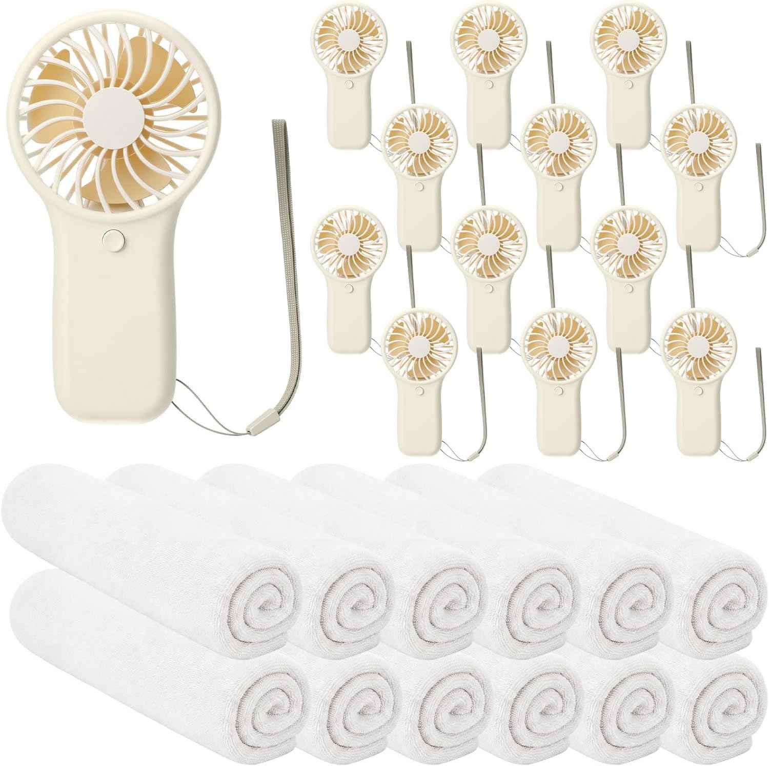Hortsun 24 Pcs Summer Sets Includes 40"x12" Cooling Towels and Mini Handheld Fan Bulk, Workout Towel Sweat Towels for Hot Weather Gym, Portable Small Fan for Summer Team Travel Gifts (White)