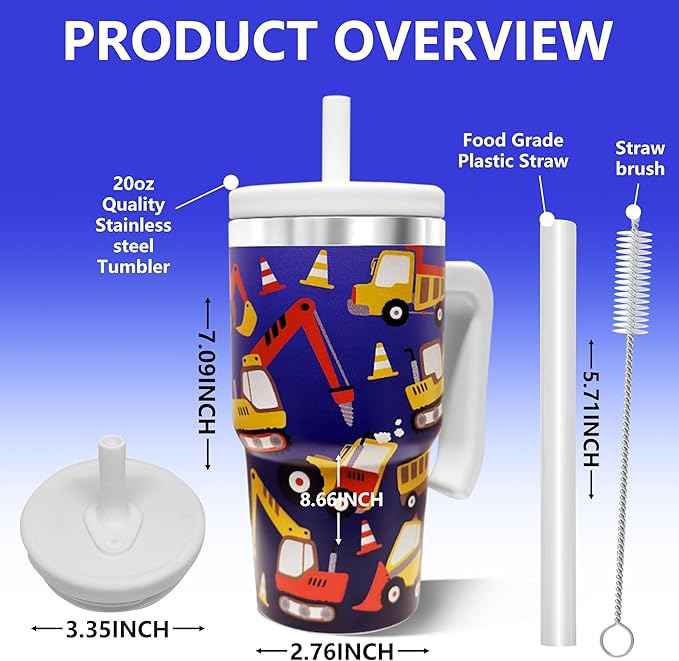 20-OZ Insulated Water Bottle,Insulated Stainless Steel Tumbler,Reusable Cold Drink Thermos,BPA-Free, Double-Wall Stainless Steel Water Bottle (Dark Blue-Construction Truck, 20, Fluid Ounces)
