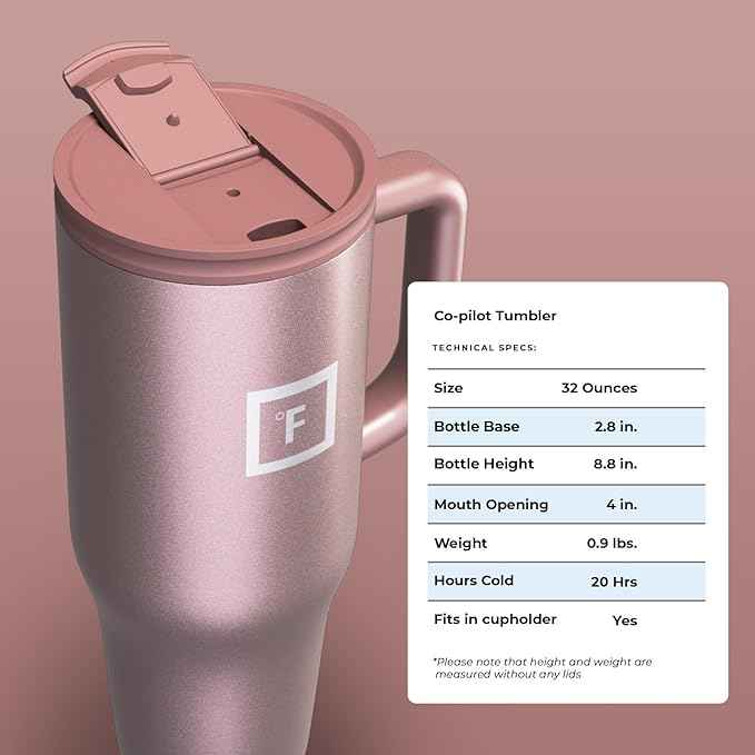 IRON °FLASK Co-Pilot Insulated Mug w/Straw & Flip Cap Lids - Cup Holder Bottle for Hot, Cold Drink - Leak-Proof - Water, Coffee Portable Travel Mug - Rose Gold, 32 Oz