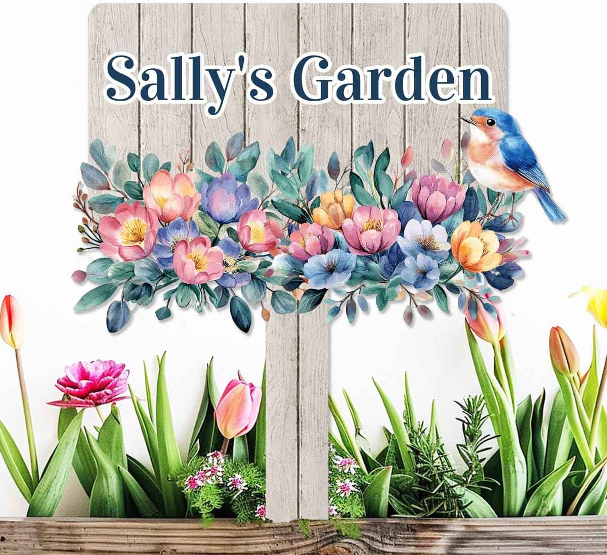 Custom Colorful Flowers Bird Garden Name Sign with Stake, Personalized Bird Flowers Garden Stake Metal Garden Sign, Customized Patio Lawn Garden Outdoor Décor Yard Sign Bird Garden Stake