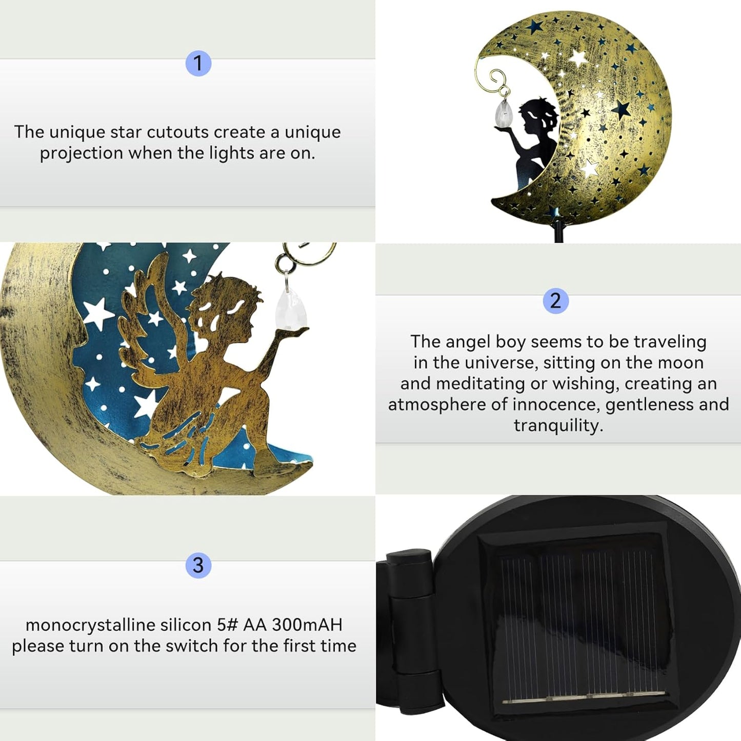 Solar Angel Moon Garden Stake Light – Outdoor Metal Yard Decoration with Crystal Pendant, Waterproof LED Light for Patio, Pathway, Lawn – Rustic Gold & Blue