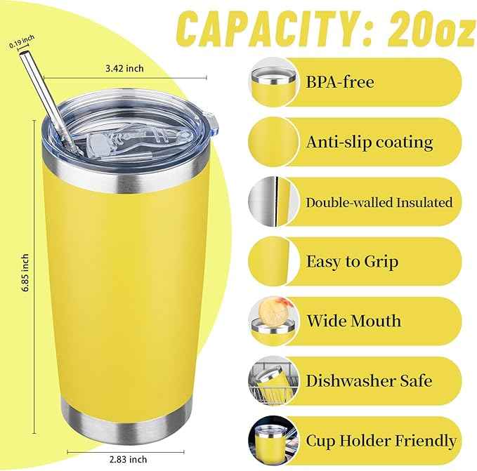 20 oz Tumbler with Lids and Straws, Stainless Steel Insulated Travel Coffee Mug, Double Wall Vacuum Insulated Tumblers, Powder Coated Coffee Tumbler for Cold & Hot Drinks (Yellow, 6 Pack)
