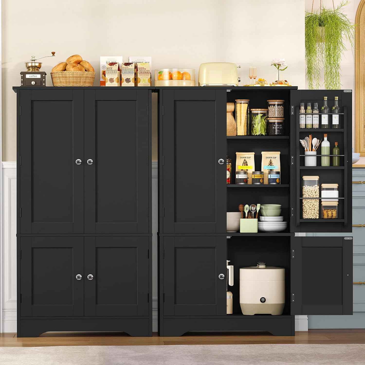 TEENFON Storage Cabinet with 4 Doors, Kitchen Cabinet with 6 Door Shelves, Kitchen Pantry for Living Room, Dining Room, Bathroom, Black