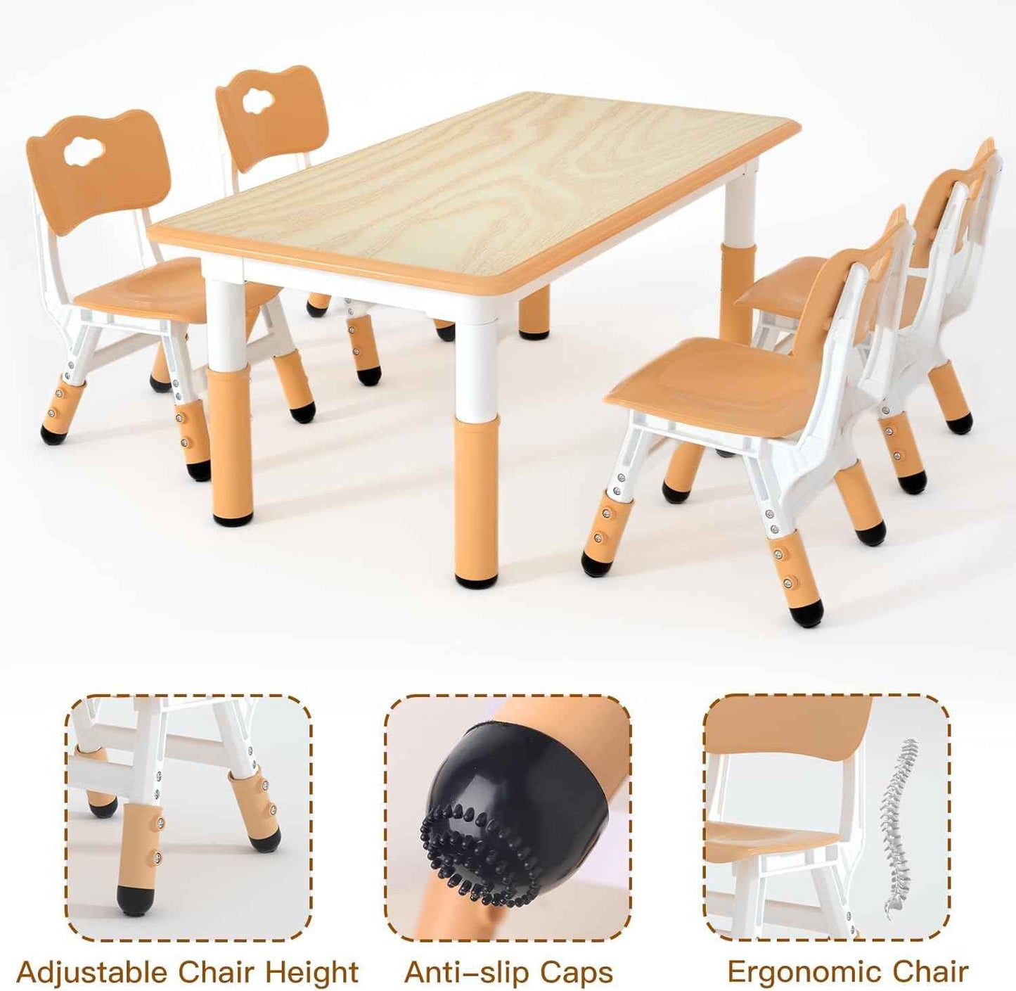 LulliSpace Kids Table and 4 Chairs Set，Height Adjustable Children Table & Chair，Toddlers Study Multi-Activity Table with 47.2"x23.6" Wipe-Clean Desktop，for Classrooms, Homes & Daycares
