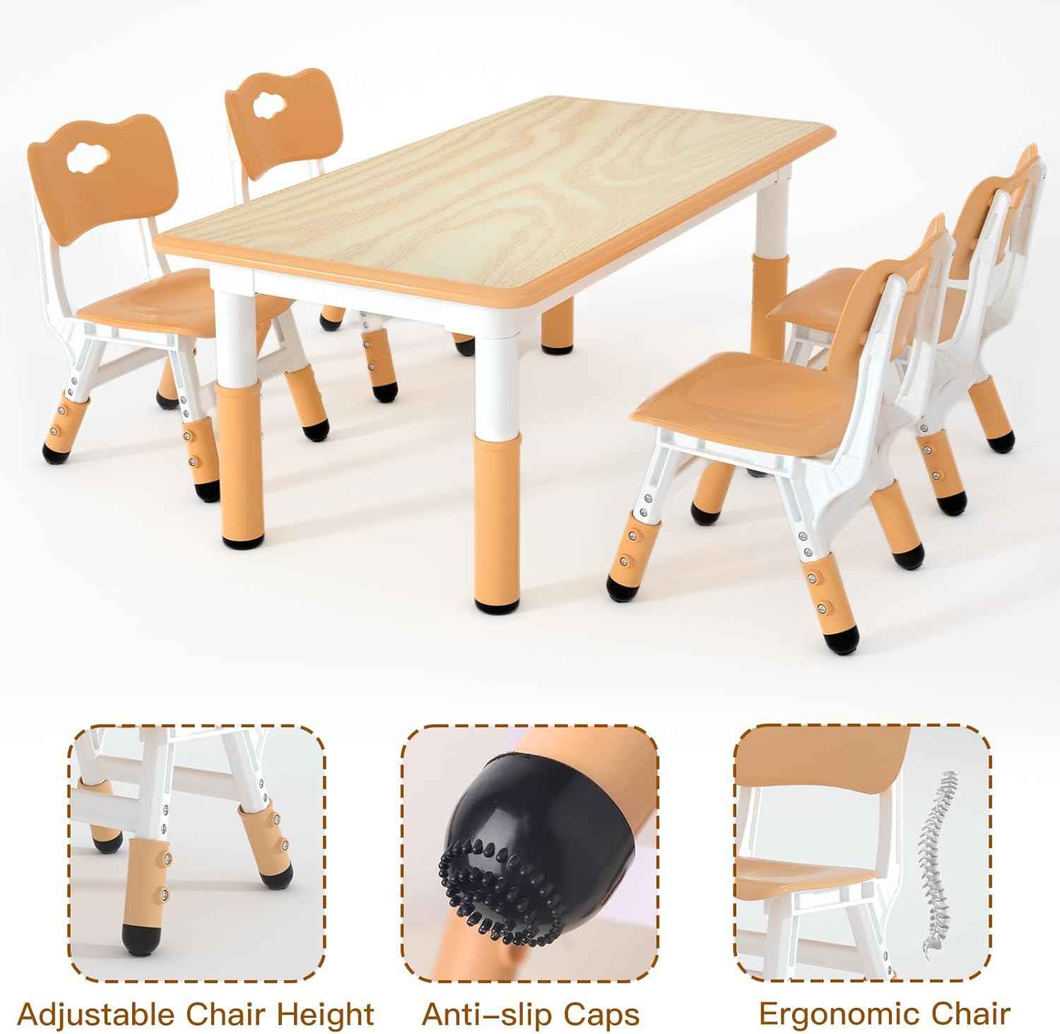 LulliSpace Kids Table and 4 Chairs Set，Height Adjustable Children Table & Chair，Toddlers Study Multi-Activity Table with 47.2"x23.6" Wipe-Clean Desktop，for Classrooms, Homes & Daycares