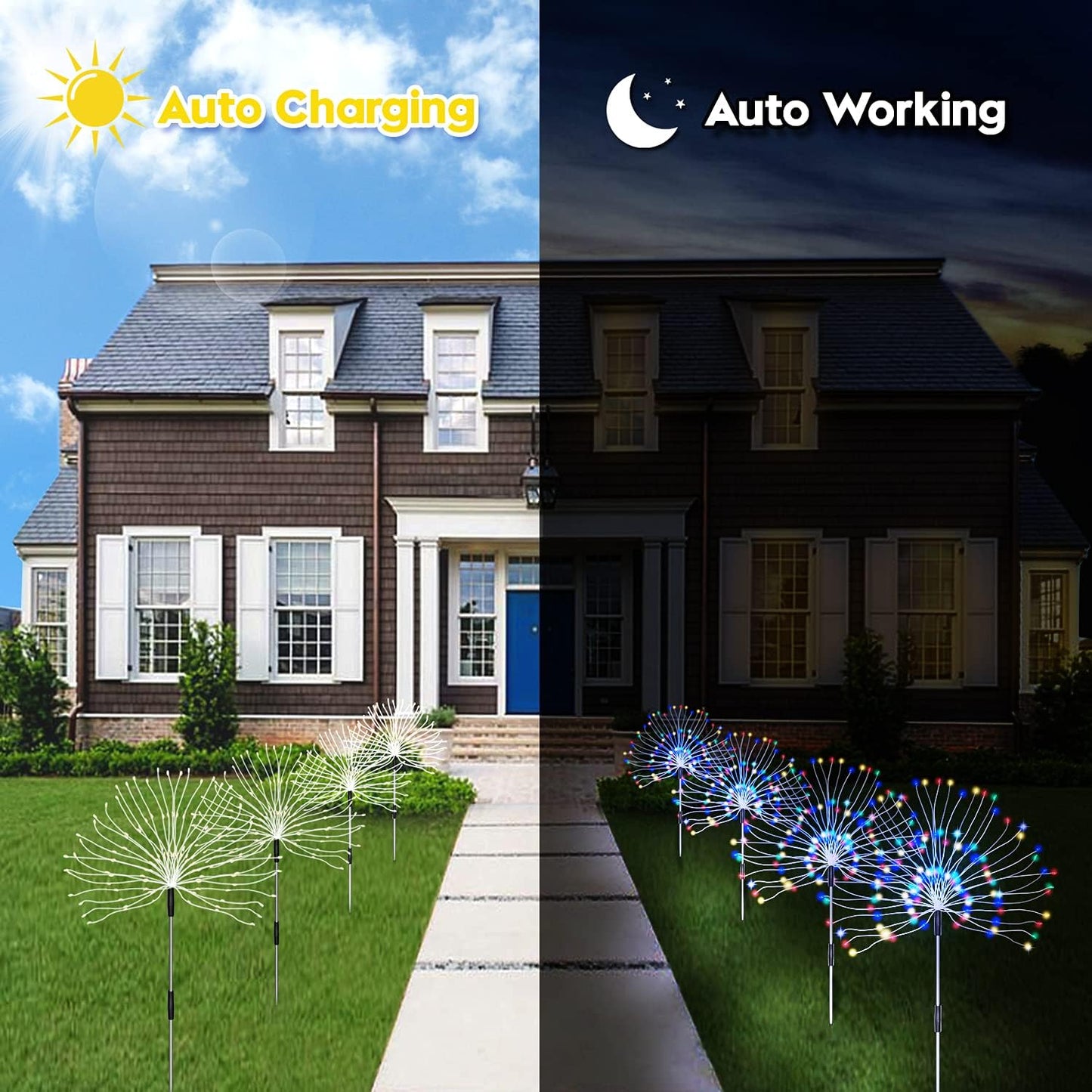 Outdoor Solar Garden Lights, 4 Pack 120 LED Copper Wire Waterproof Garden Fireworks Lamp with Remote, 8 Modes Decorative Sparkles Stake Landscape Light for Pathway Lawn Decor (Colorful)