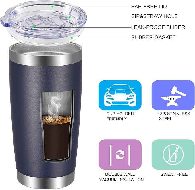 VEGOND 20oz Tumbler with Lid and Straw Stainless Steel Tumbler Cup Vacuum Insulated Double Wall Travel Coffee Mug Powder Coated Coffee Cup, Navy Blue, 1 Pack