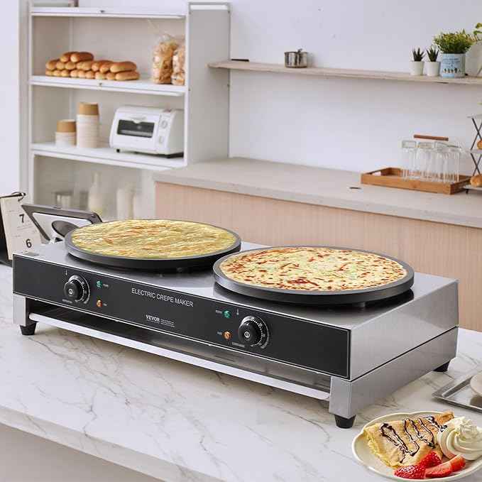 VEVOR Electric Crepe Maker, 16-Inch Double Head Commercial Crepe Machine, 3400W Flat Plate Crepe Griddle, Nonstick Stainless Steel Pancake Making, Desktop Circular Cereals Pancake Stove, AC120V 60Hz