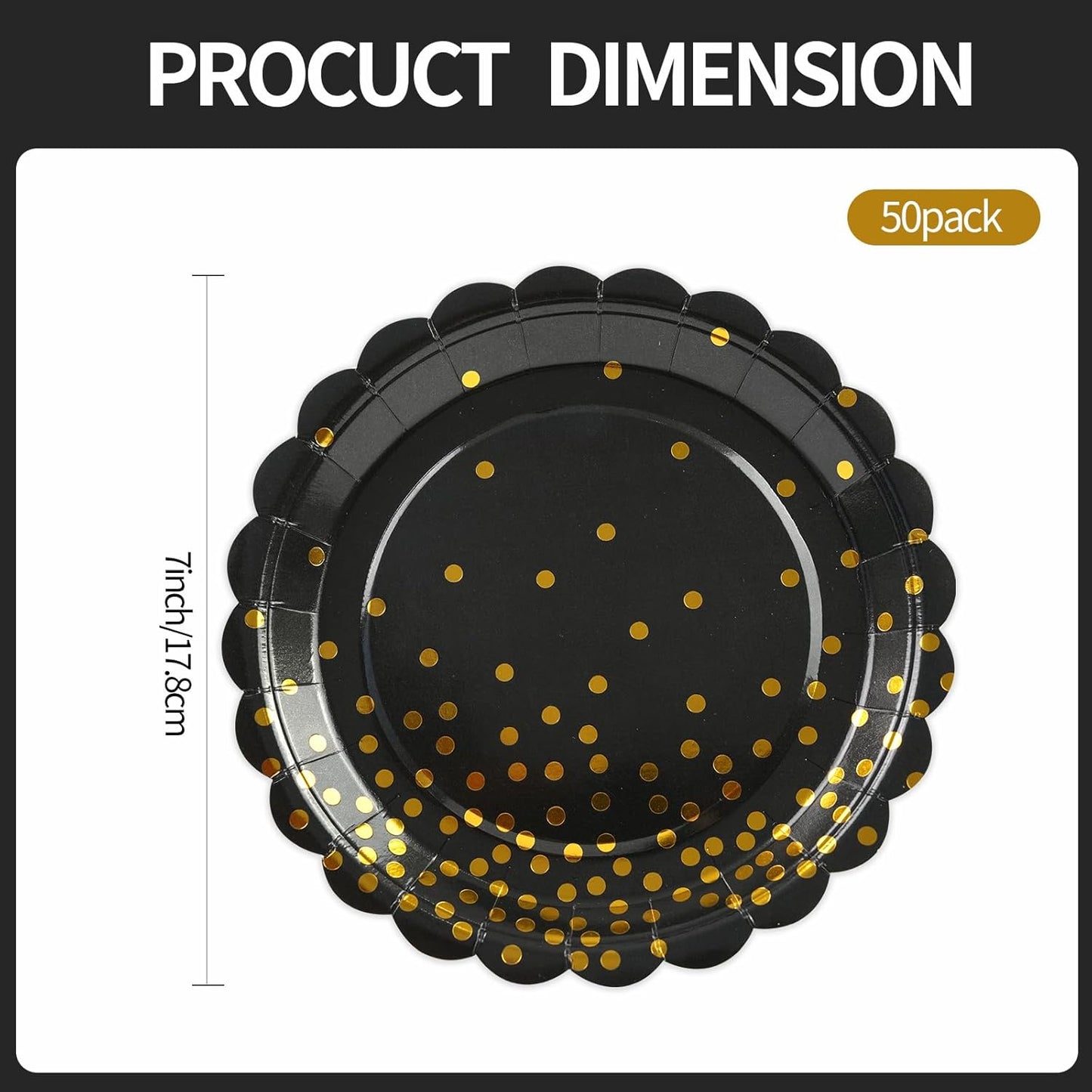 50PCS Black and Gold Paper Plates, 7 Inch Black Scalloped Party Plates Disposable Dessert Plate Cake Plate for Graduation Retirement Aniversary Birthday Dinner