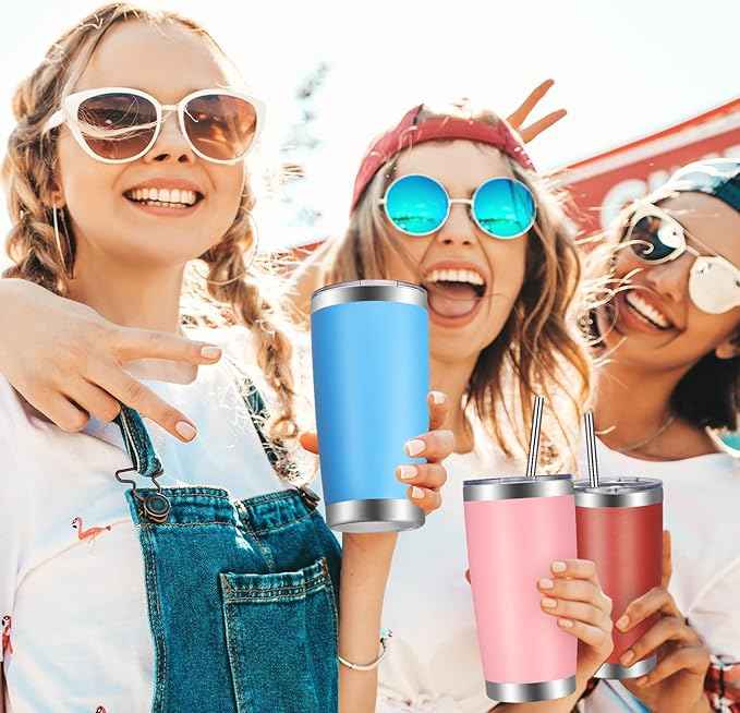 VEGOND 20oz Tumbler with Lid and Straw Stainless Steel Tumbler Cup Bulk Vacuum Insulated Double Wall Travel Coffee Mug Powder Coated Coffee Cup, Sky Blue, 12 Pack