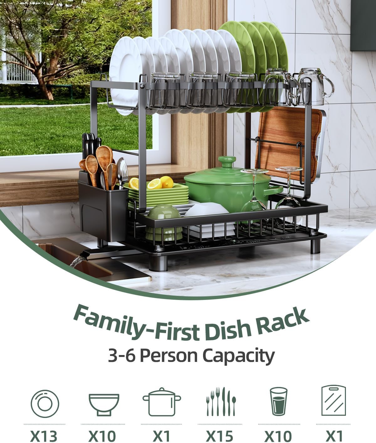 Dish Drying Rack, 2 Tier Space-Saving Dish Rack, Multifunctional Dish Drainer for Kitchen Counter with Drainboard/Utensil/Cup Holder Rustproof Carbon Steel, Black
