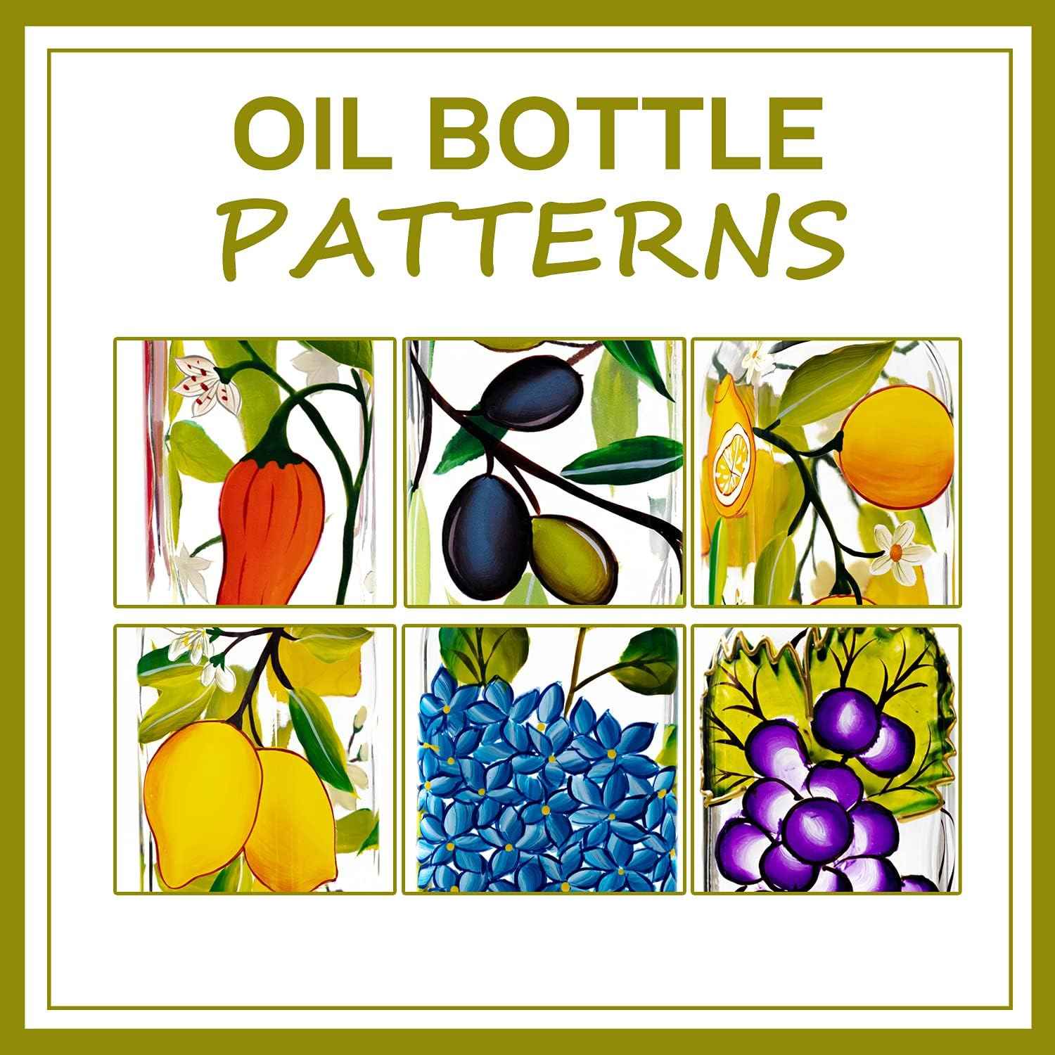 17oz Hand Painted Glass Olive Oil Bottle Dispenser - 500ml Green Oil & Vinegar Cruet with Pourers - Olive Oil Carafe Decanter for Kitchen (olive2)