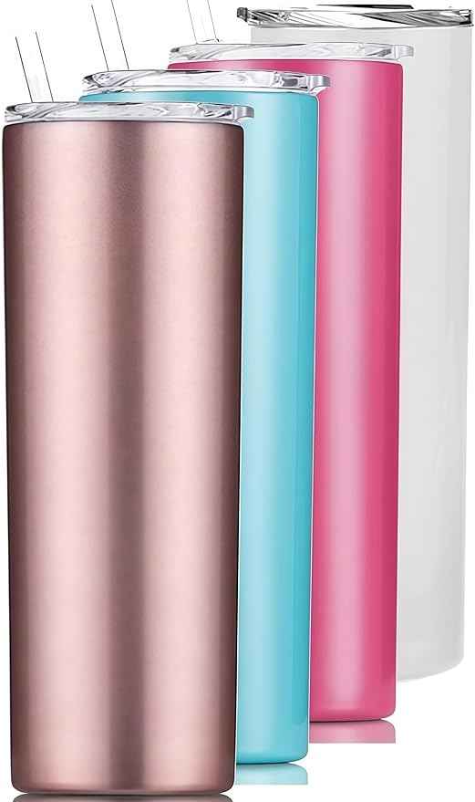 Double Wall 18/8 Stainless Steel Vacuum slim skinny tumbler with straw and lid, insulated travel mug keeping beverage cold and warm (blue, 20oz)