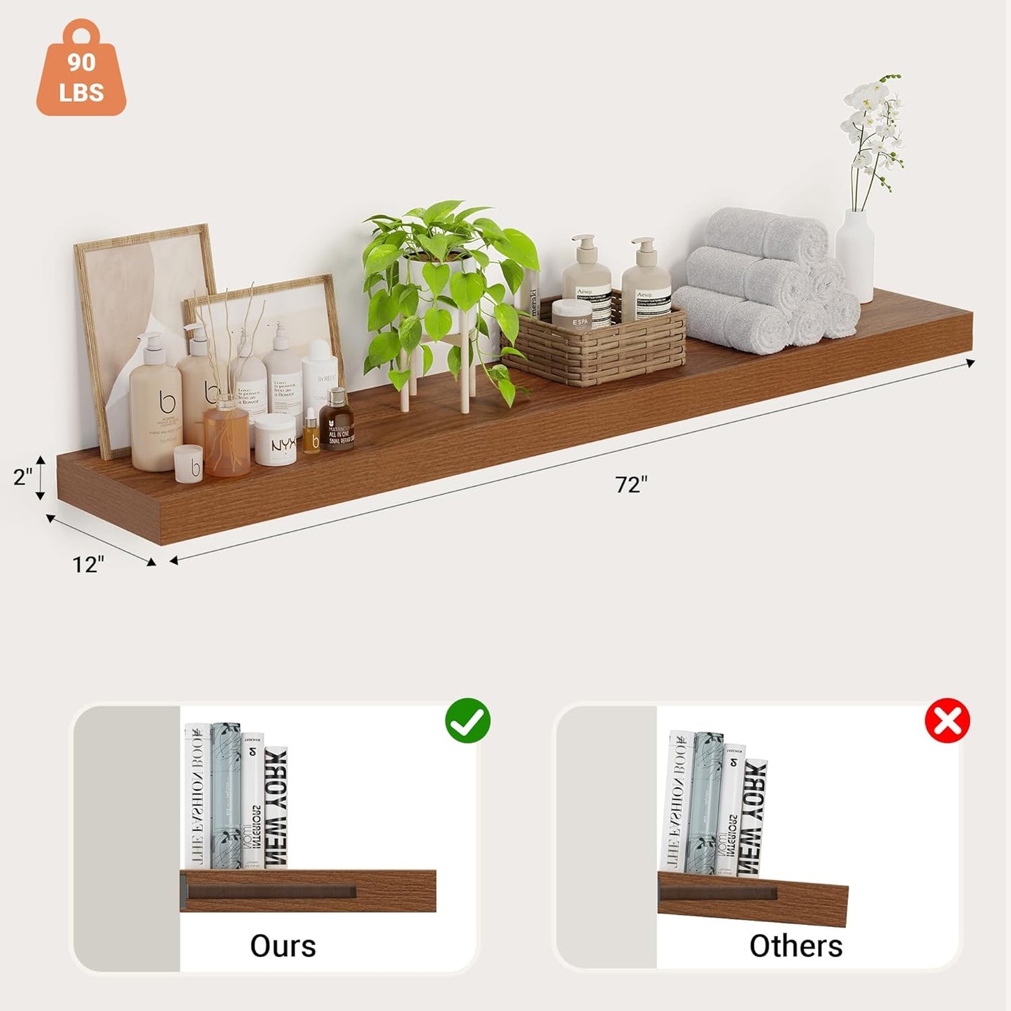 Heimlove 12 Inch Deep Floating Shelves, 72 x 12 inches Long Wall Shelf, Large Extra Display Shelf & Storage Shelf, Rustic Wood Wall Shelves for Fireplace Mantel, Walunt - 1Pack