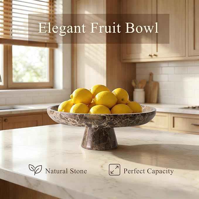 YMXYJM Natural Marble Fruit Bowl for Kitchen Counter 10.2", Large Decorative Bowl Pedestal for Home Decor, Fruits Holder For Dining Table, Brown