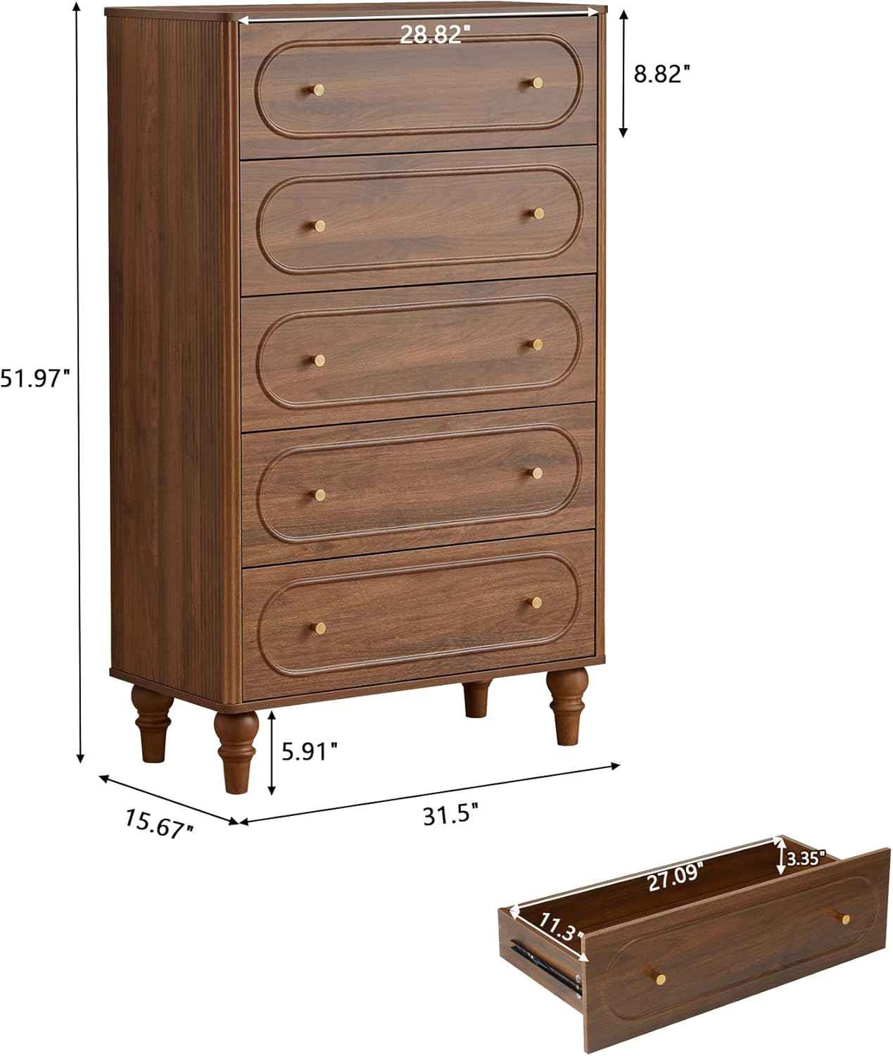 ORRD Fluted 5 Drawer Dresser for Bedroom, Mid Century Modern Chest of Drawers, Wood Storage Large Dresser Organizer for Bedroom Living Room Hallway Closet, Walnut