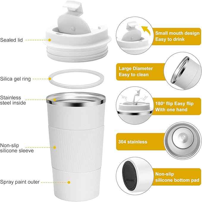YINJAM 17oz Travel Coffee Mug Insulated Coffee Cups to Go with Leakproof Lid Vacuum Stainless Steel Double Walled Thermal Car Coffee Tumbler for Hot Cold Ice Tea Drinks Reusable (White, 17oz)