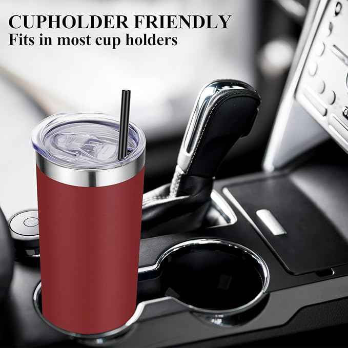 VEGOND 20 oz Stainless Steel Skinny Tumbler with Lids and Straws, 20oz Double Wall Insulated Slim Tumbler Cup for Cold Hot Drinks, Wine Red 1 Pack
