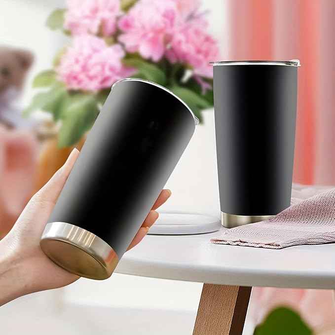 20oz Stainless Steel Vacuum Insulated Travel Mug Tumbler with Lid, Reusable Coffee Cup with Straw & Cleaning Brush, Double Wall Thermal Cup for Hot/Cold Drinks (Black)