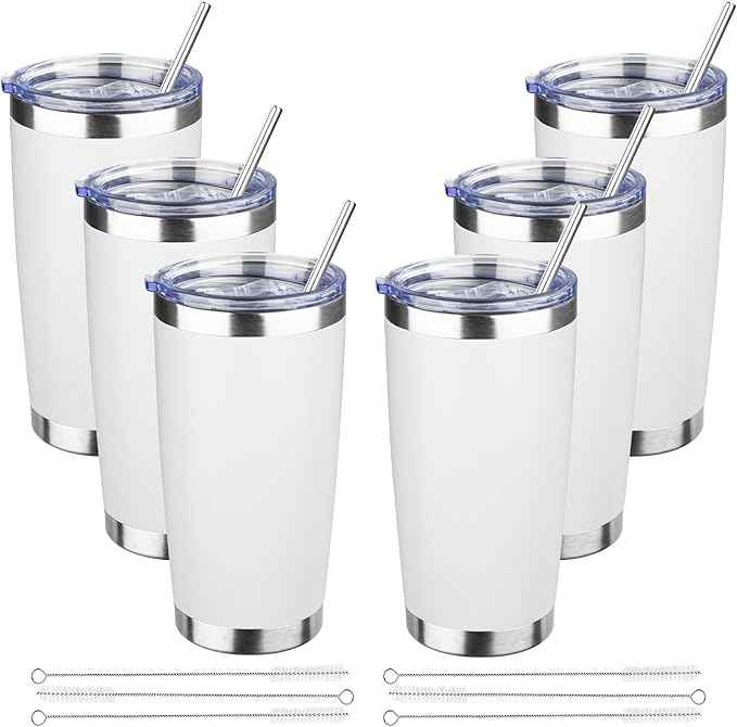 20 oz Tumbler with Lids and Straws, Stainless Steel Insulated Travel Coffee Mug, Double Wall Vacuum Insulated Tumblers, Powder Coated Coffee Tumbler for Cold & Hot Drinks (White, 6 Pack)