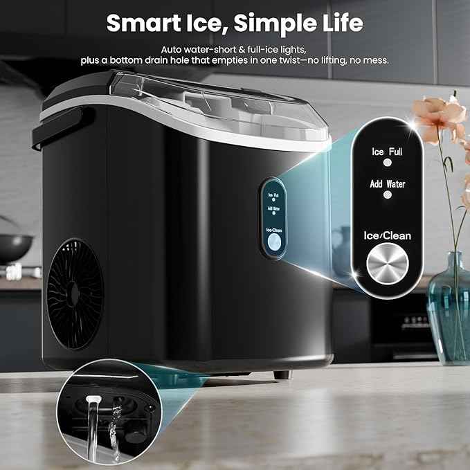 Antarctic Star Nugget Ice Makers Countertop with Self-Cleaning, 35lbs/24H, Portable Sonic Ice Maker Machine with Handle/Basket/Scoop for Home, Kitchen, Office, Camping(Black)
