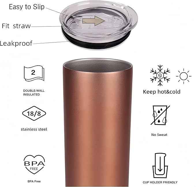 Double Wall 18/8 Stainless Steel Vacuum slim skinny tumbler with straw and lid, insulated travel mug keeping beverage cold and warm (blue, 20oz)