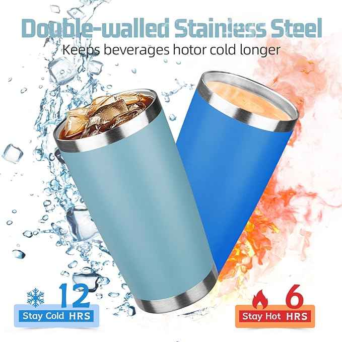 20 oz Tumbler with Lids and Straws, Stainless Steel Insulated Travel Coffee Mug, Double Wall Vacuum Insulated Tumblers, Powder Coated Coffee Tumbler for Cold & Hot Drinks (Maya Blue, 6 Pack)