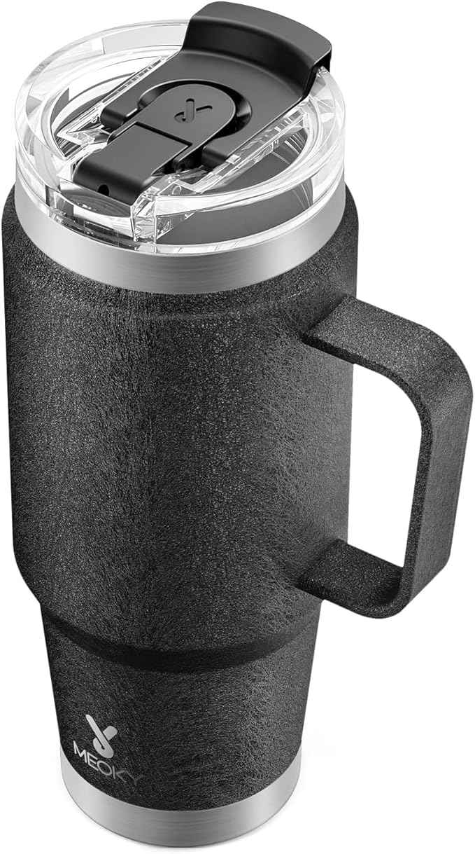 Meoky 32oz Tumbler with Handle, Stainless Steel Travel Mug with 2-in-1 Straw and Sip Lid, Vacuum Insulated Coffee Mug, 100% Leak Proof, Keeps Cold for 24 Hours or Hot for 8 Hours (Night)