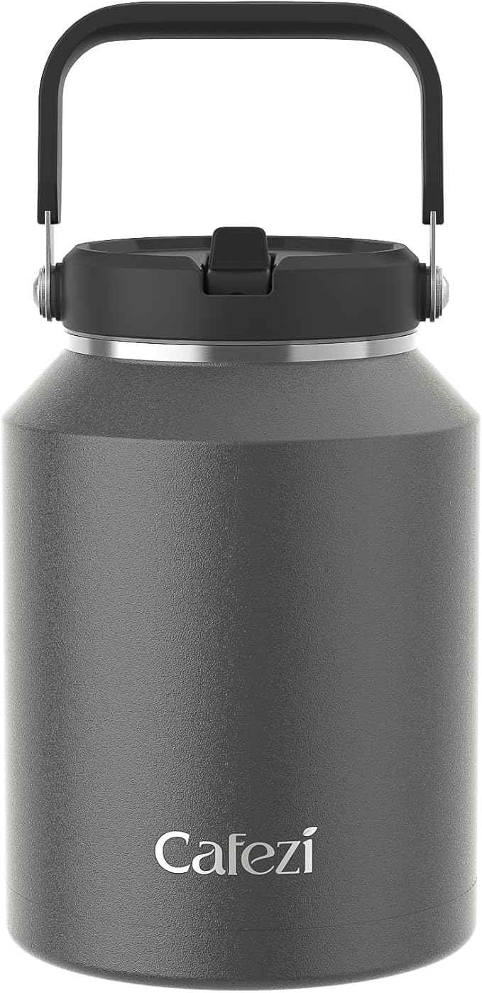 64 oz Insulated Water Bottle with Flip Straw, Vacuum Insulated Stainless Steel Jug with Top Handle, Leak-Proof Lid, Sweat-Free, Wide Mouth, Keeps Ice Cold up to 34 Hours