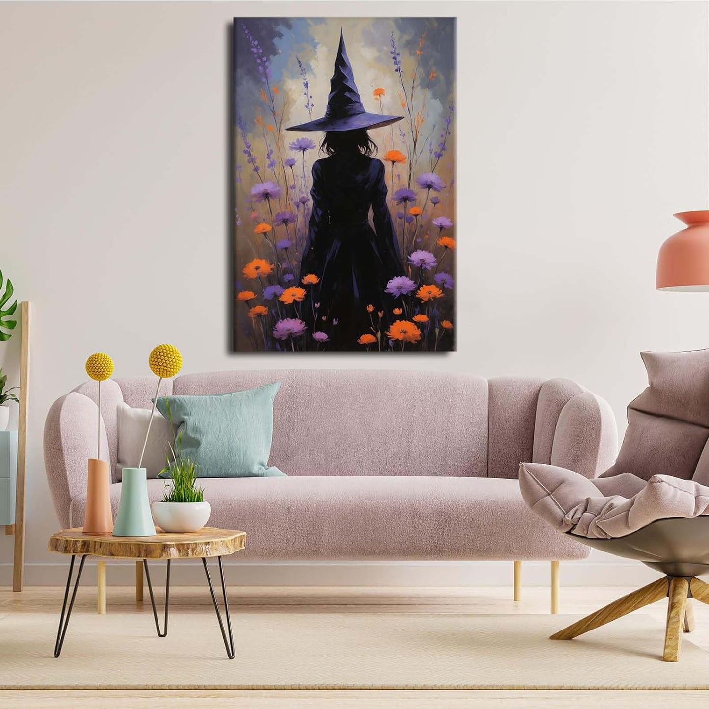 Country wildflower witch canvas print halloween mashup art witch purple decoration bohemian elegant art poster28x40in Wood Framed