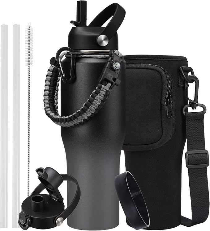 Insulated Water Bottle Fit in Car Cup Holder - 32oz Stainless Steel Tumblers with Straw & Spout Lids, Paracord Handle, Carrier Bag & Bottle Boot, Insulated Tumbler Mug Keep Cold-48H &Hot-12H