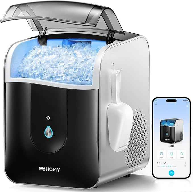 EUHOMY Smart Nugget Ice Maker Countertop, Sonic Ice Maker Machine with APP Control, Ready in 7 Mins, 40lbs/24H, Self-Cleaning, Portable Pebble Ice Makers with Hanging Ice Scoop for Home/Kitchen/Office