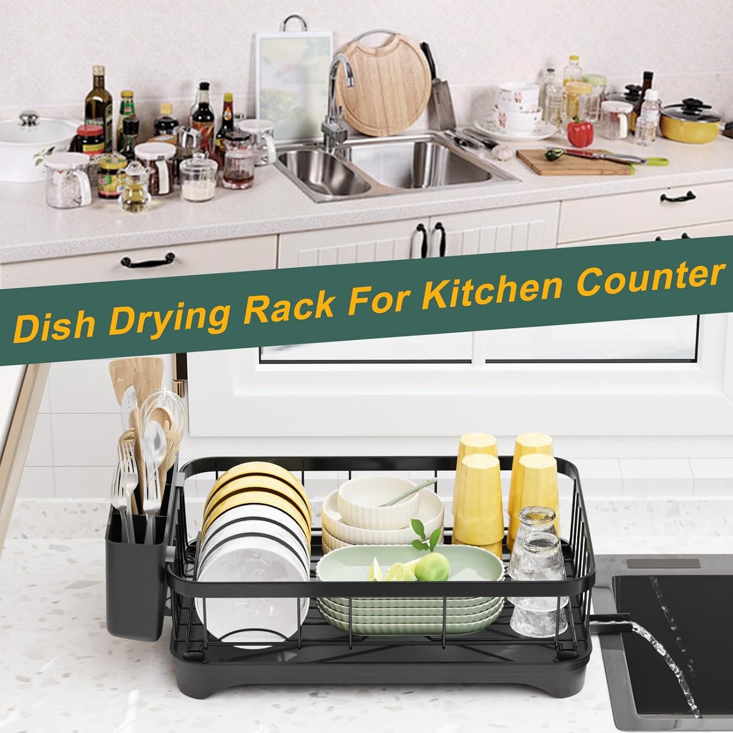 LIYI Dish Drying Rack,Adjustable Spout Design,Kitchen Dish Racks,Made of Iron Material,with Removable Draining Board,Suitable for Kitchen and Caravan Use Scenarios,Black