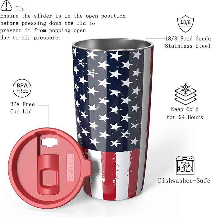 TILUCK 20 oz Insulated Tumbler with BPA-Free Lid, Stainless Steel Vacuum Travel Coffee Mug, Double Wall Coffee Tumbler（20oz，RedFlag）