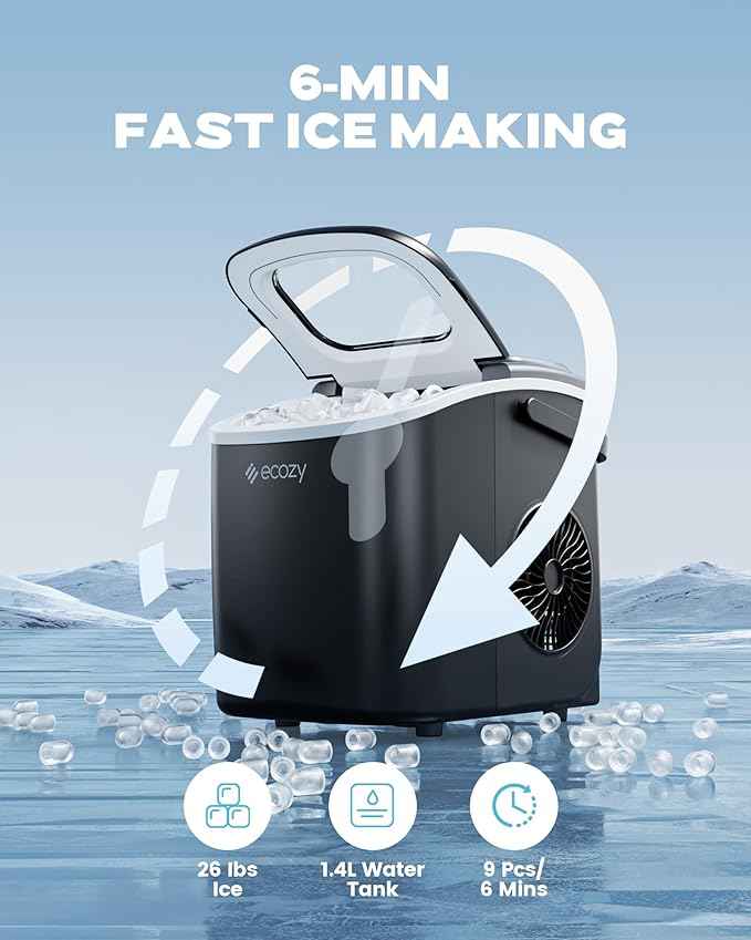 ecozy Ice Makers Countertop, Portable Ice Machine with Carry Handle, 26lbs in 24Hrs, 9 Ice Cubes Ready in 6 Mins, Auto-Cleaning Ice Maker with Basket and Scoop, for Home/Kitchen/Camping/RV