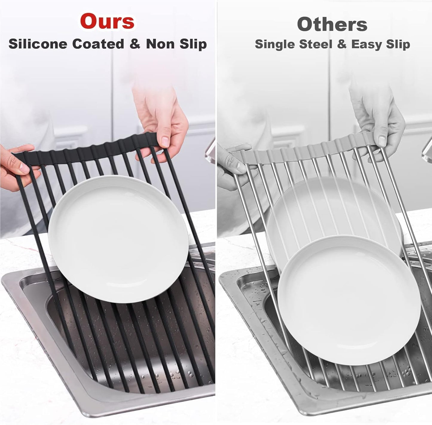 MERRYBOX 20.5" x 13" Roll Up Dish Drying Rack Silicone Wrapped Over The Sink Dish Drying Rack Multipurpose Foldable Sink Drying Mat, Heat-Resistant & Anti-Rust Dish Rack for Kitchen Sink, Large, Black