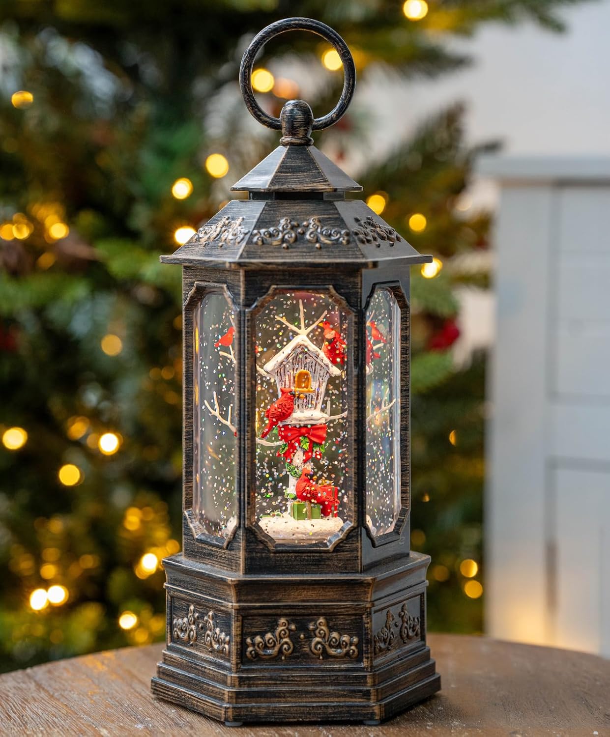 Christmas Snow Globe Lantern Water Glittering 11.6'' Cardinal & Birdhouse with Music & Timer, USB Lined/Battery Operated Lighted Lantern for Christmas Festival Decoration Gifts