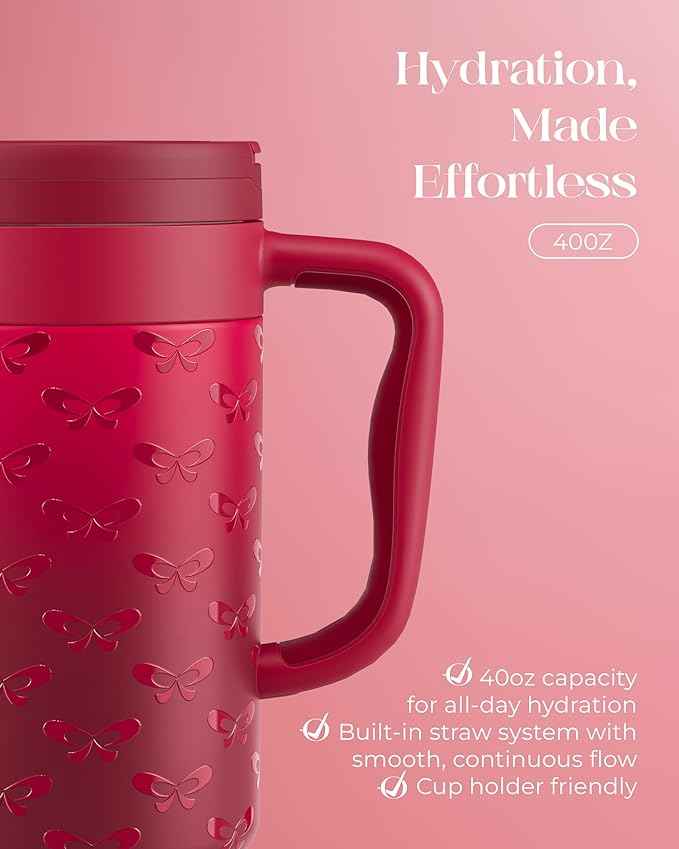 40 oz Insulated Tumbler with Handle and Push-Button Straw Lid, Stainless Steel Travel Cup for Gym Office, Leakproof, BPA-Free, Cup Holder Friendly, Bow Silicone Boot, Red (Coquette Cherry)