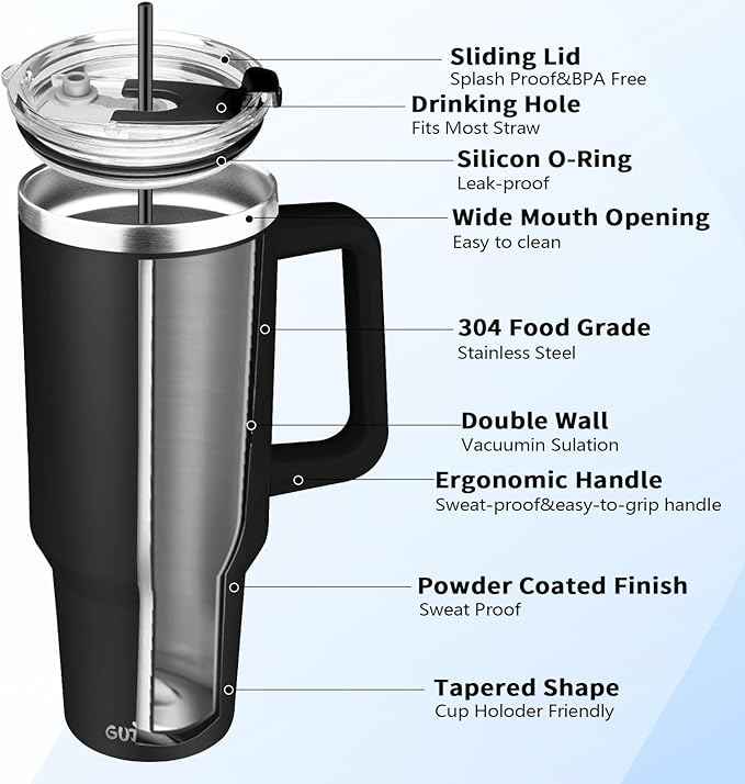 40 oz Tumbler with Handle, Insulated Tumbler with Lid and Straw, Reusable Stainless Steel Vacuum Insulated Cup, 100% Leak Proof Thermal Travel Coffee Mug Cup for Cold and Hot (Black)