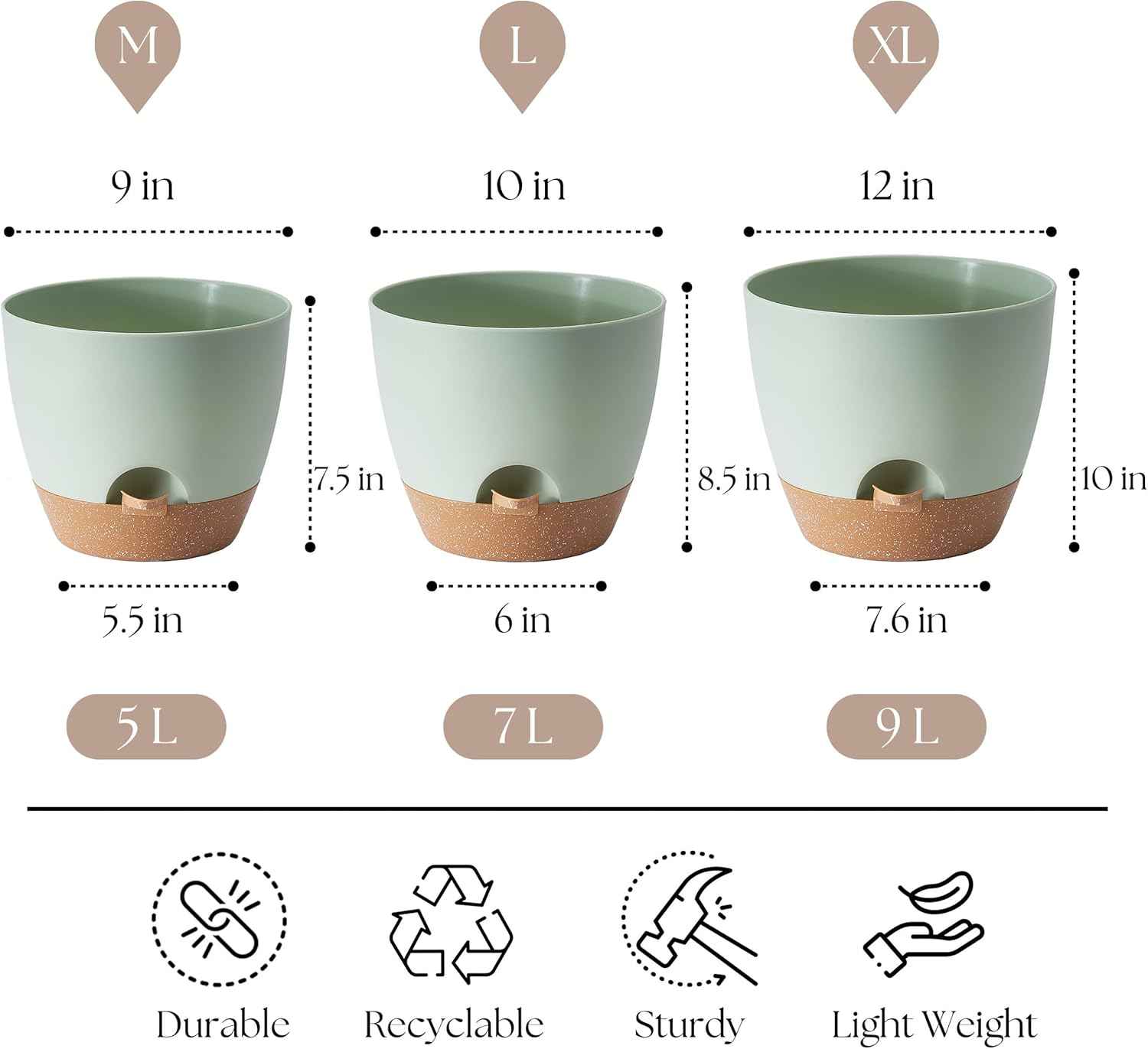 TYMENSH Plant Pots 12/10/9 inch Set of 3, Self Watering Flower Pots Indoor Outdoor, Planters with Drainage Hole Saucer Reservoir, Green