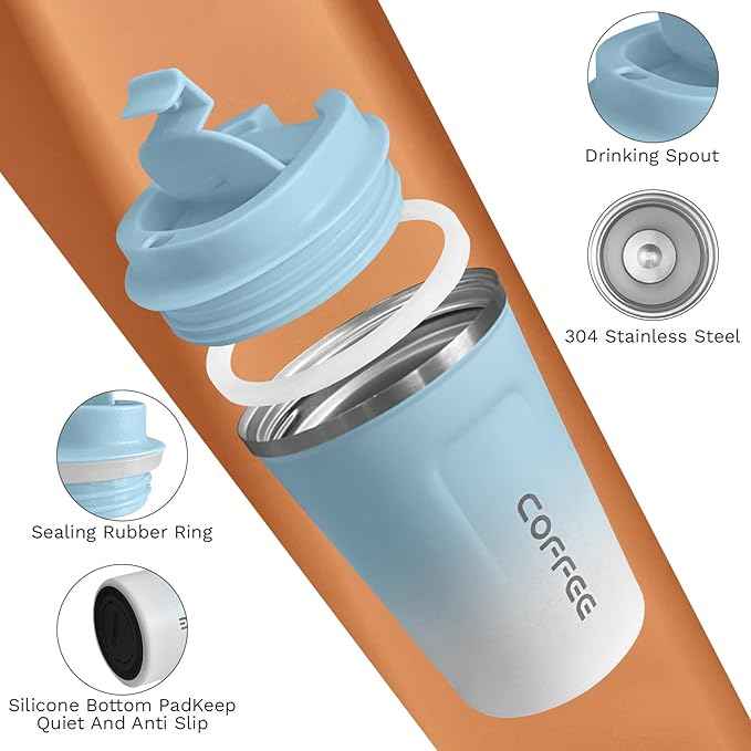 SPLMIFA Travel Coffee Mug Leak-Proof, Reusable Coffee Cups with Lids, Stainless Steel Vacuum Insulated Coffee Tumblers, Thermal Insulation Cup for Men and Women Hot & Cold Drinks(2nd-Blue White, 17OZ)
