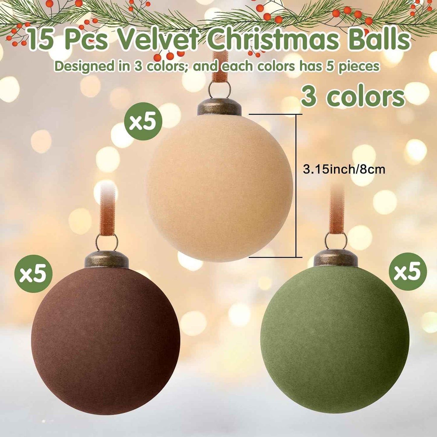 15 Pcs Velvet Christmas Ornaments,Flocked Christmas Ornaments,3.15inch Velvet Christmas Balls Bulk,Neutral Flocked Ornaments,Christmas Ball Ornaments for Xmas Tree Home Holiday Decors (Classic Color)