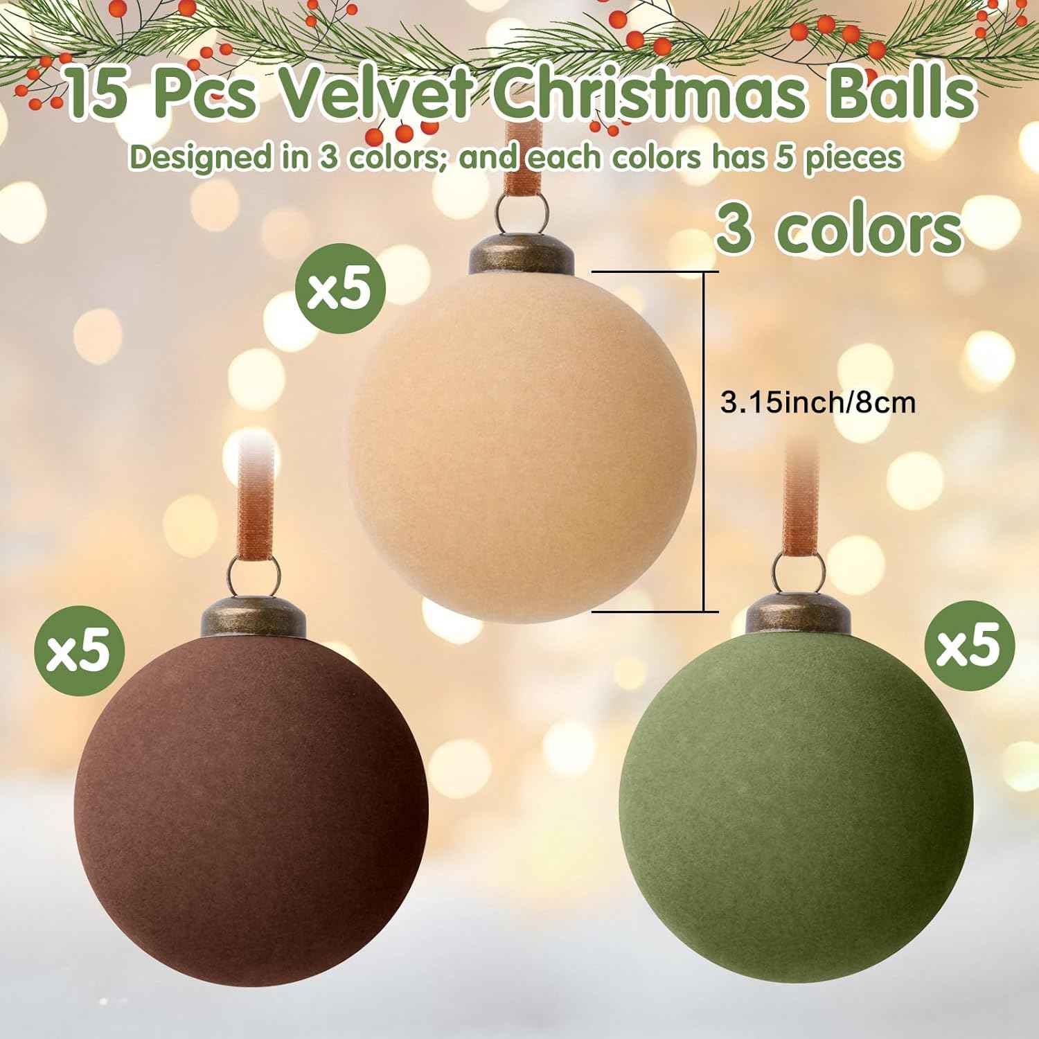 15 Pcs Velvet Christmas Ornaments,Flocked Christmas Ornaments,3.15inch Velvet Christmas Balls Bulk,Neutral Flocked Ornaments,Christmas Ball Ornaments for Xmas Tree Home Holiday Decors (Classic Color)