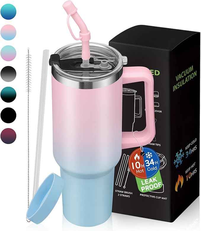 BENZZO Insulated Water Bottle Stainless Steel 40 oz Tumbler with Handle and Straw Lid Travel Mugs Cups