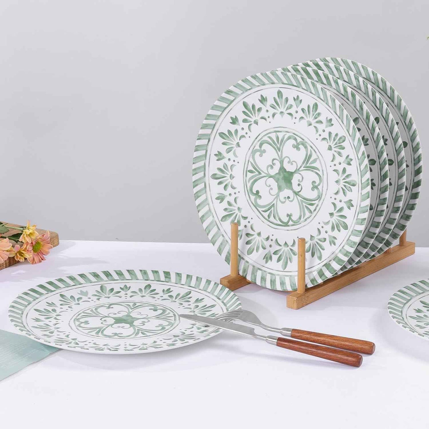 Melamine Dinner Plate, 10.75 Inch Plates Set, 6pcs Dishes Sets,Outdoor Plates with Embossed Design, Unbreakable,Durable&Lightweight,Dishwasher Safe,Green and White Plate