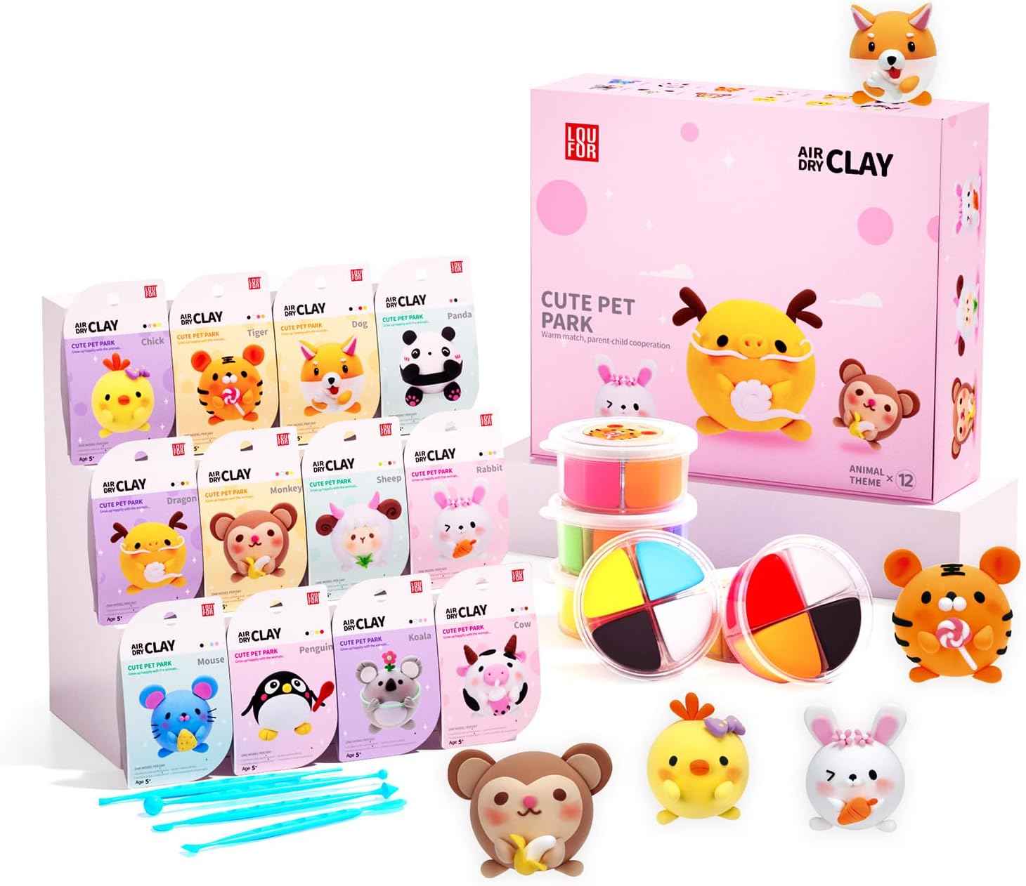 LOUFOR Air Dry Clay Kits - Modeling Clay for Kids, Ultra Light & Soft, Safe & Non-Toxic, DIY Airdryclay Kit with Sculpting Tools and Tutorials, Creatible Art Crafts Toys Gifts for Boys Girls