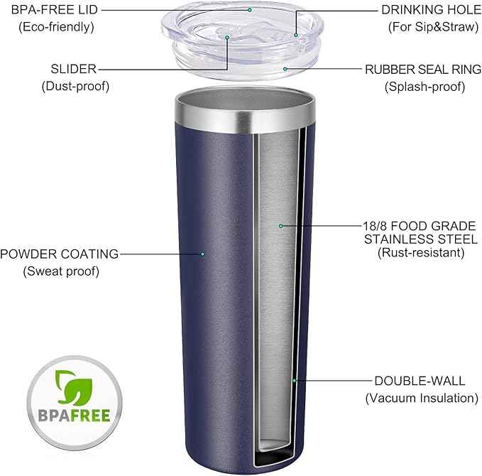 VEGOND Stainless Steel Skinny Tumbler, 20 oz Vacuum Insulated Tumbler with Lid and Straw, Double Wall Coffee Cup, Travel Mug for Cold Hot Drinks, Navy Blue 1 Pack