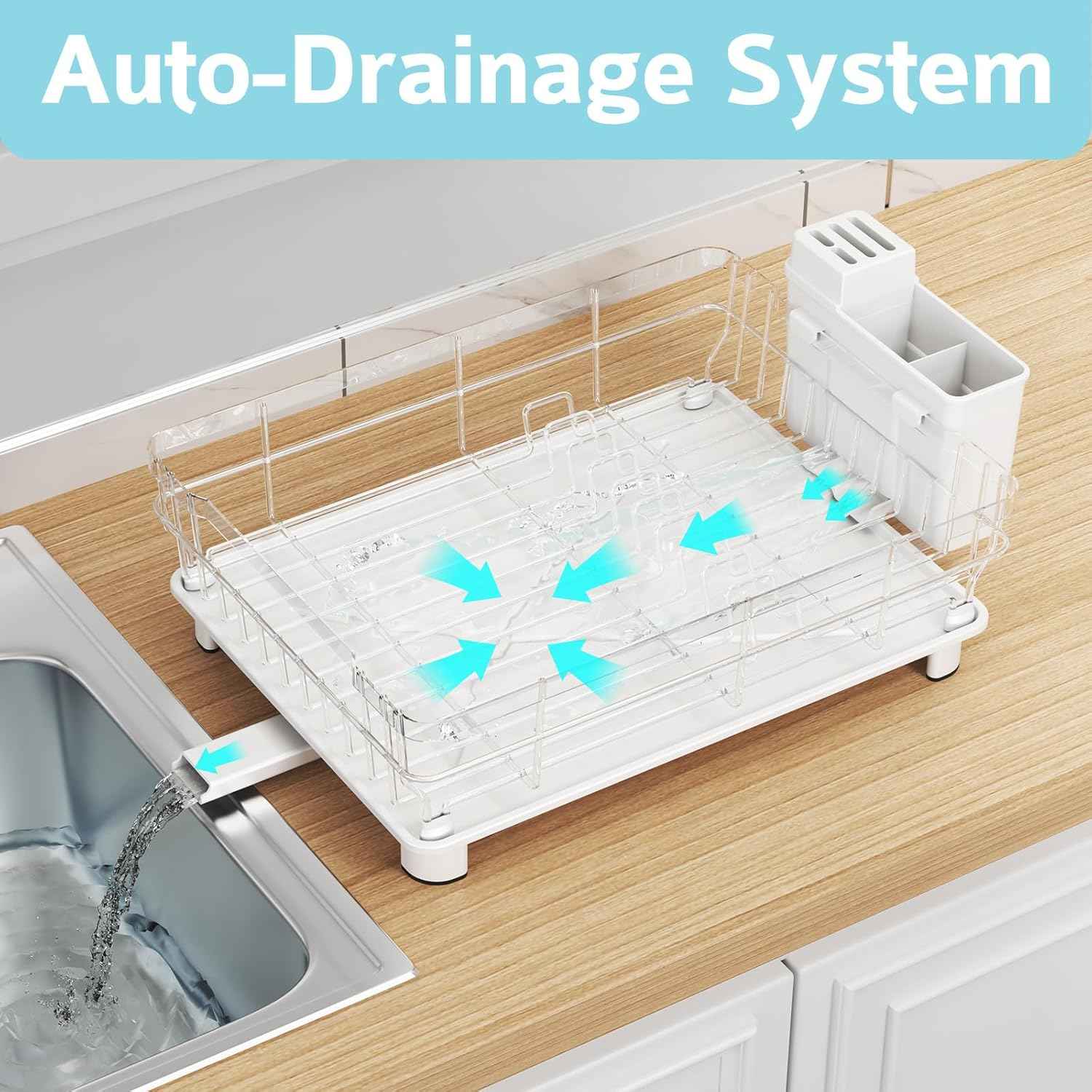 Dish Drying Rack - Space Saving Dish Rack - Dish Racks for Kitchen Counter with Drainboard,Rustproof Dish Drainer with Removable Utensil Holder,White