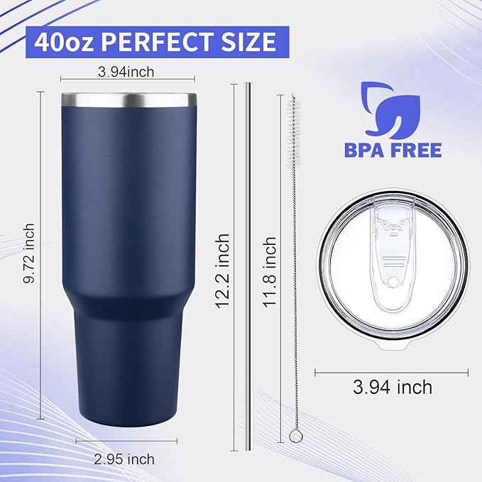 40 oz Tumbler with Lids and Straws Double Wall Vacuum Insulated Tumbler Cup,Stainless Steel Leak-proof Thermal Tumbler Powder Coated Travel Coffee Mug for Cold and Hot Drinks,Navy Blue